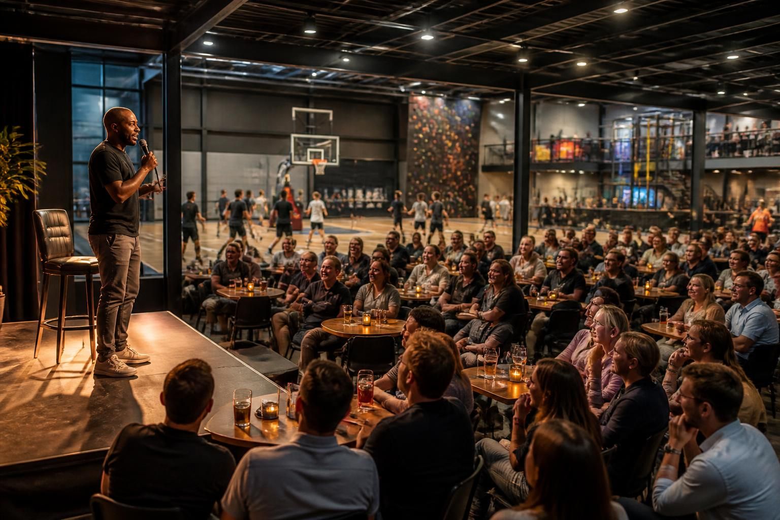 ontdek een nieuwe stand-upavond georganiseerd in dit grote sport- en recreatiecomplex. geniet van humor en entertainment in een unieke setting!