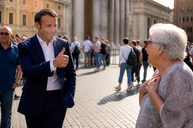 emmanuel macron in rome toont een opmerkelijk gebaar van respect en vriendelijkheid naar een oudere voorbijganger in de openbare ruimte.