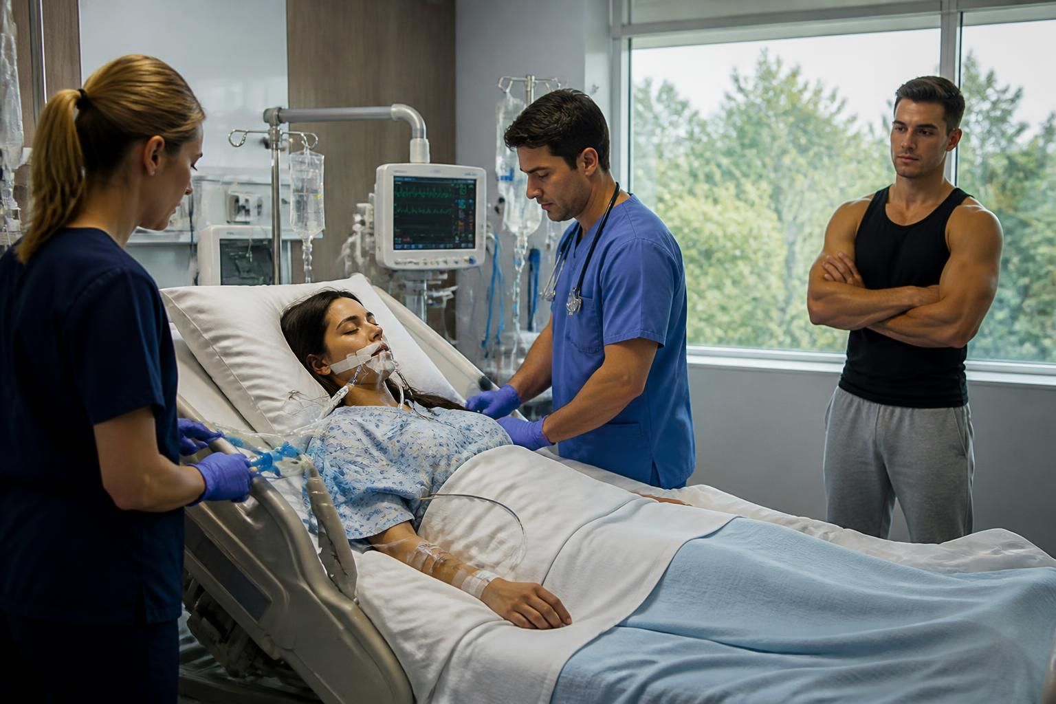 nadia farès ligt in coma na een ongeluk; frequente bezoekers van de sportschool laten zich hierdoor niet verrassen.